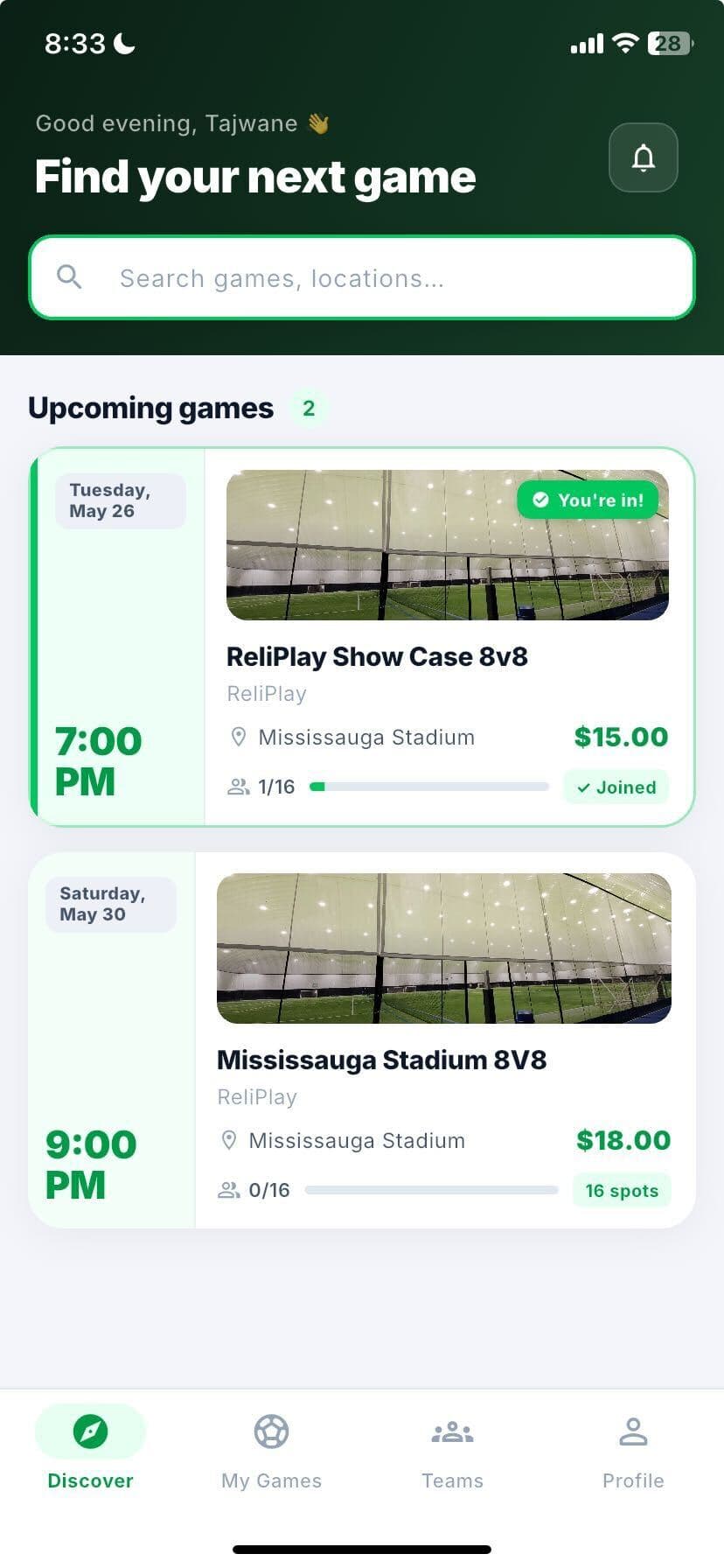 Game listing — discover upcoming games